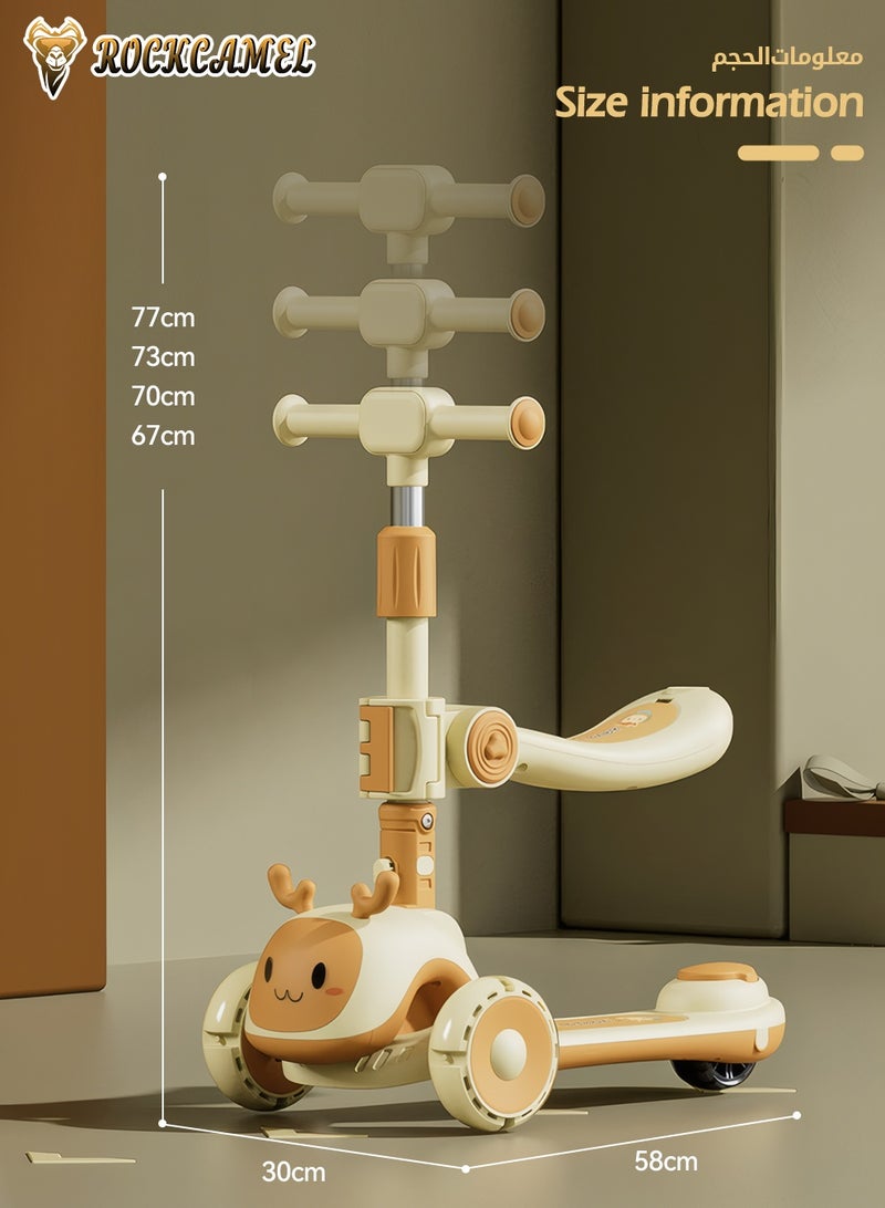 ROCKCAMEL 2 in 1 Kids Kick Scooter, Foldable Scooter with LED Lighted Wheels and 4-Level Adjustable Height Handlebars, Widen Anti-Slip Deck, Sensitive Brakes, Kids Toys for Boys & Girls Ages 1-12, Khaki - Image 5